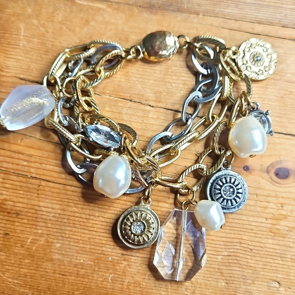 Vintage Triple Strand Gold and Silver Tone Chain Charm Bracelet